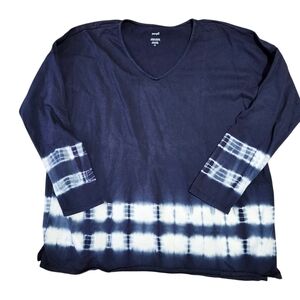 Pure Jill J Jill tie dyed 100% cotton relaxed v-neck top navy blue white size LT